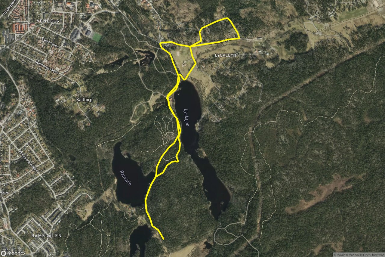 Lyckebyvägen – Tomtestigen 6 km loop seen over 3D terrain