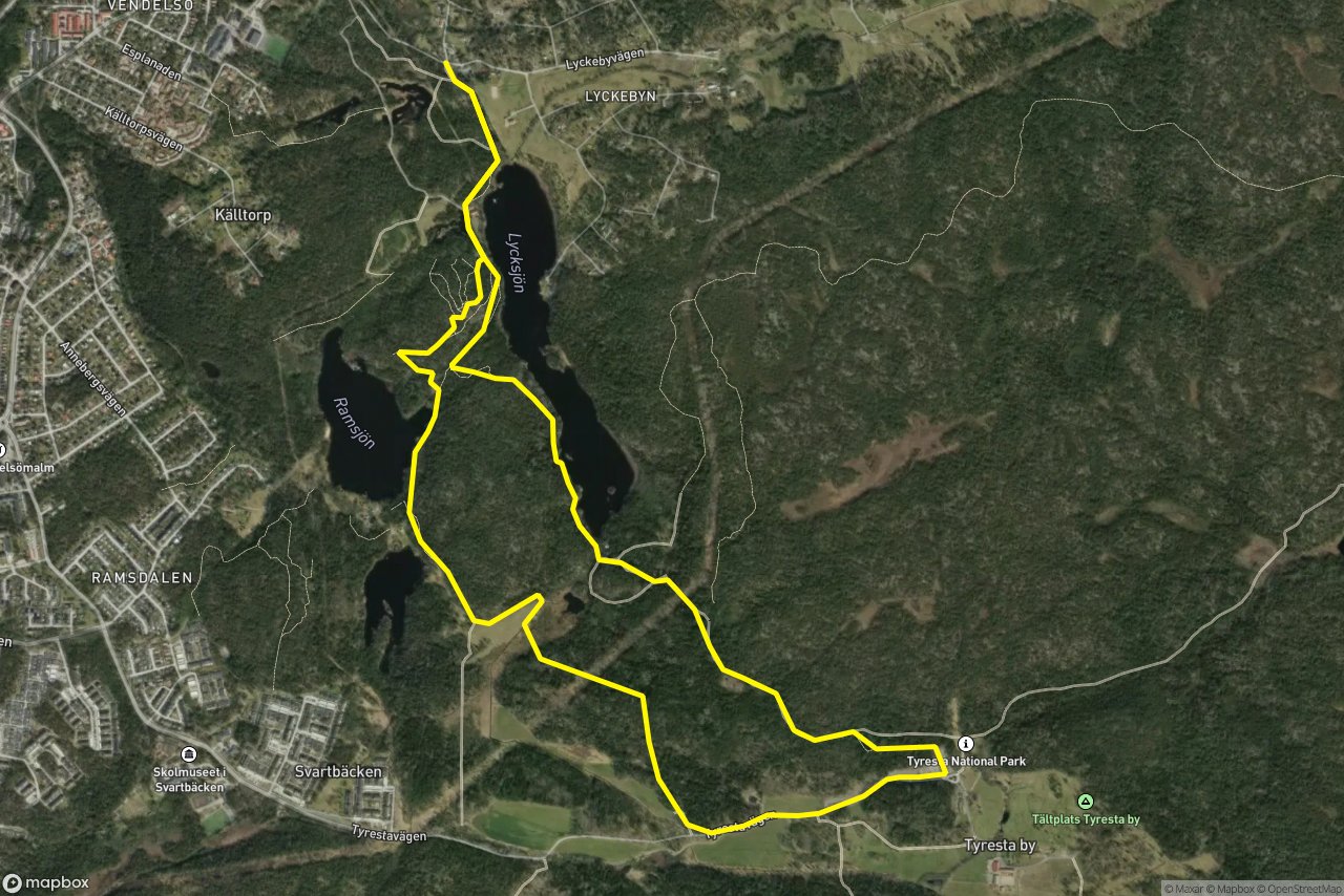 Lycksjövägen – Tyrestavägen 9 km loop seen over 3D terrain