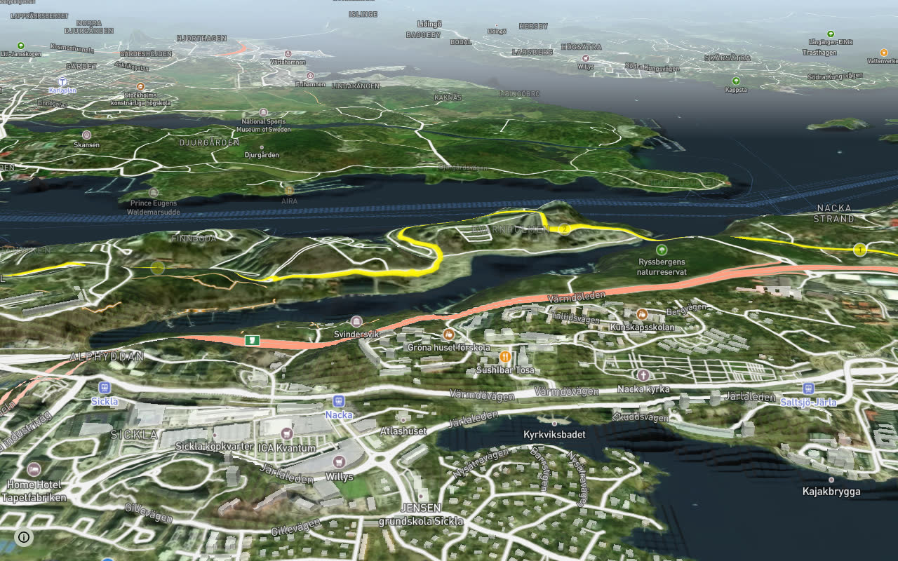 Nacka huvudcykelnät seen over 3D terrain