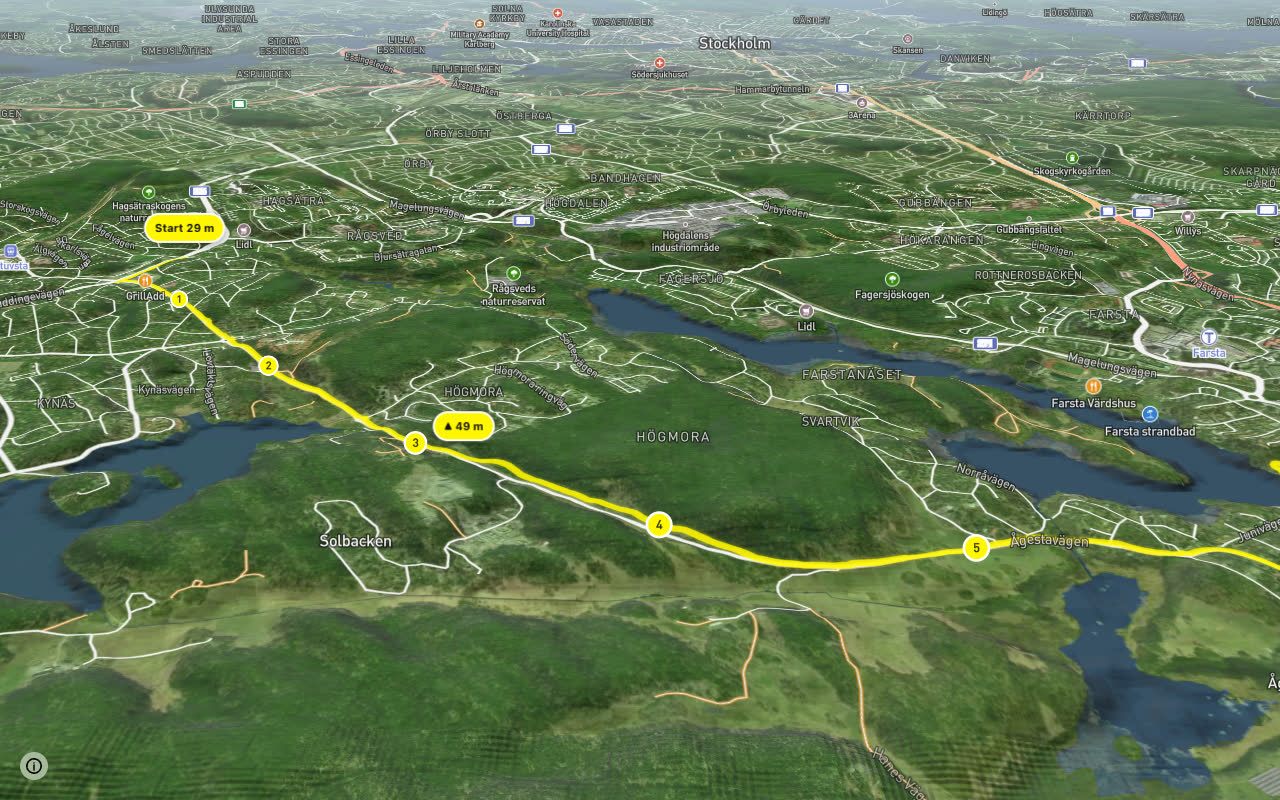 Regionalt cykelnät Stockholm (Ågestastråket) seen over 3D terrain