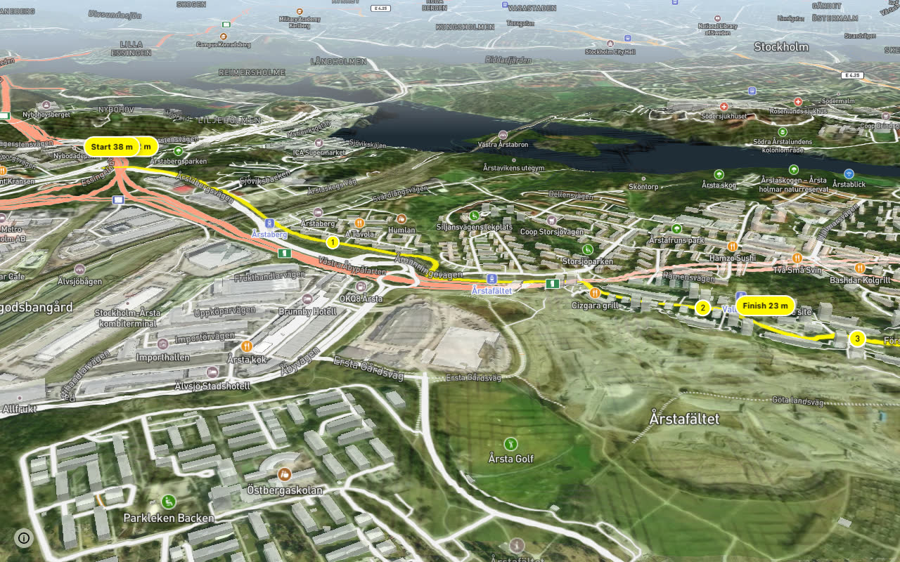 Regionalt cykelnät Stockholm (Årstastråket) seen over 3D terrain
