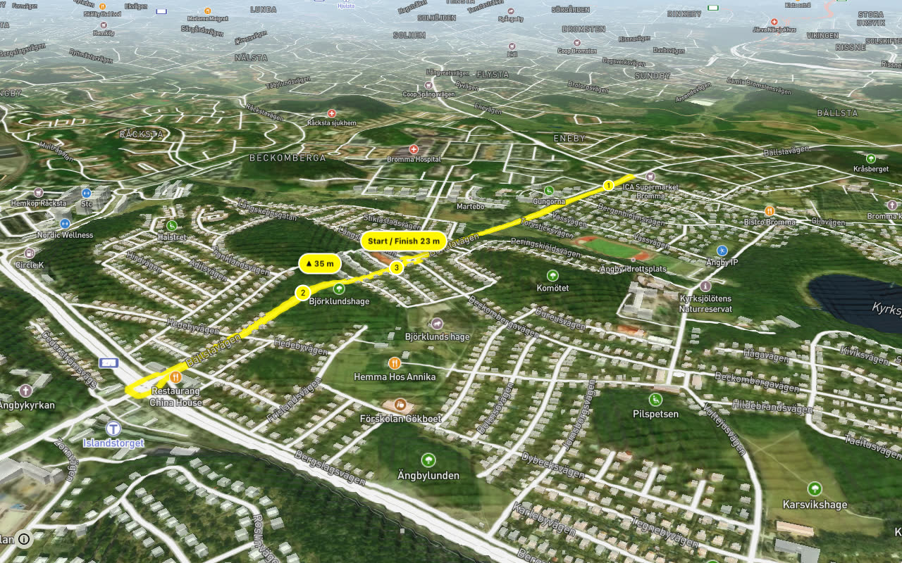 Regionalt cykelnät Stockholm (Bällstastråket) seen over 3D terrain