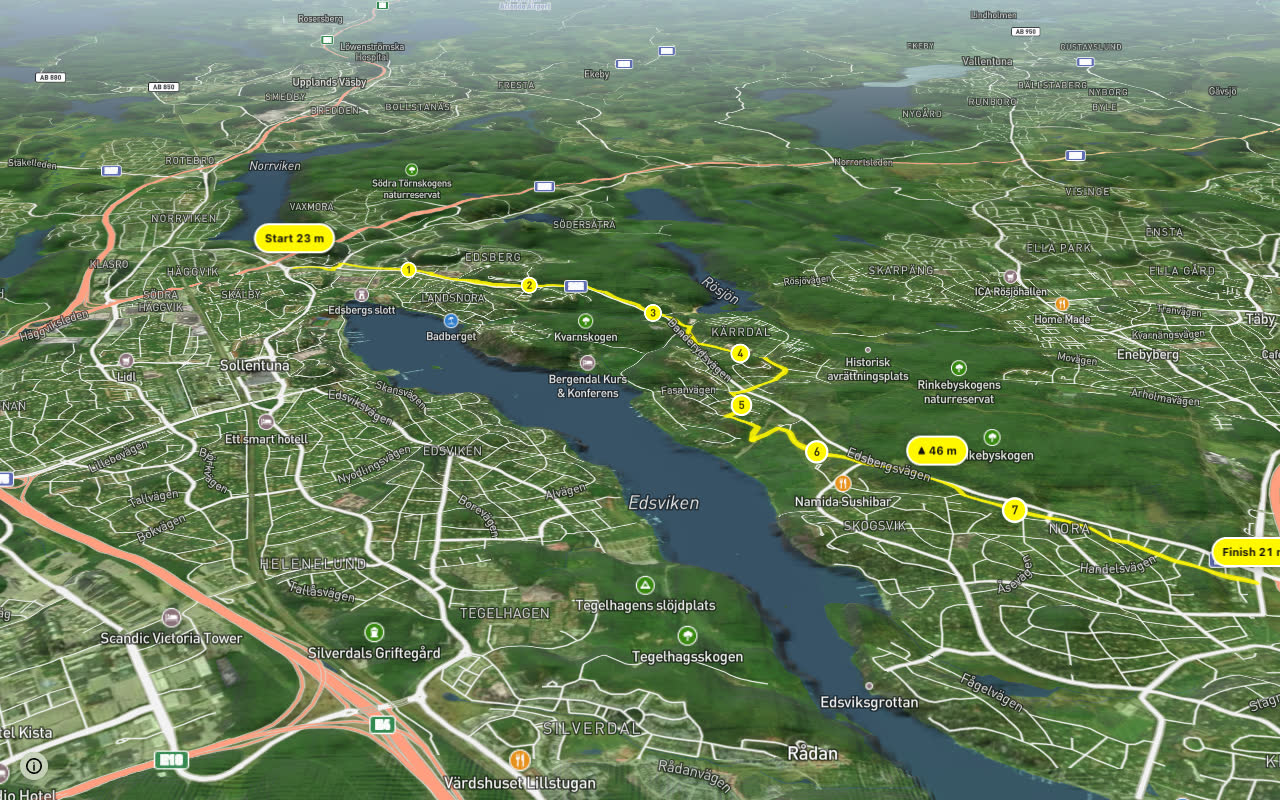Regionalt cykelnät Stockholm (Edsvikenstråket) seen over 3D terrain