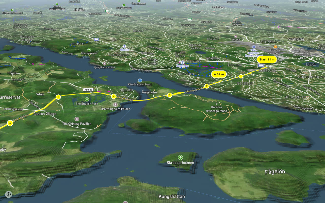 Regionalt cykelnät Stockholm (Ekeröstråket) seen over 3D terrain