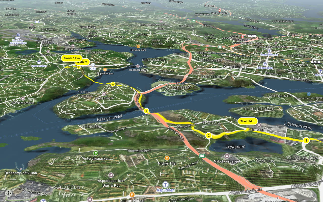 Regionalt cykelnät Stockholm (Essingestråket) seen over 3D terrain