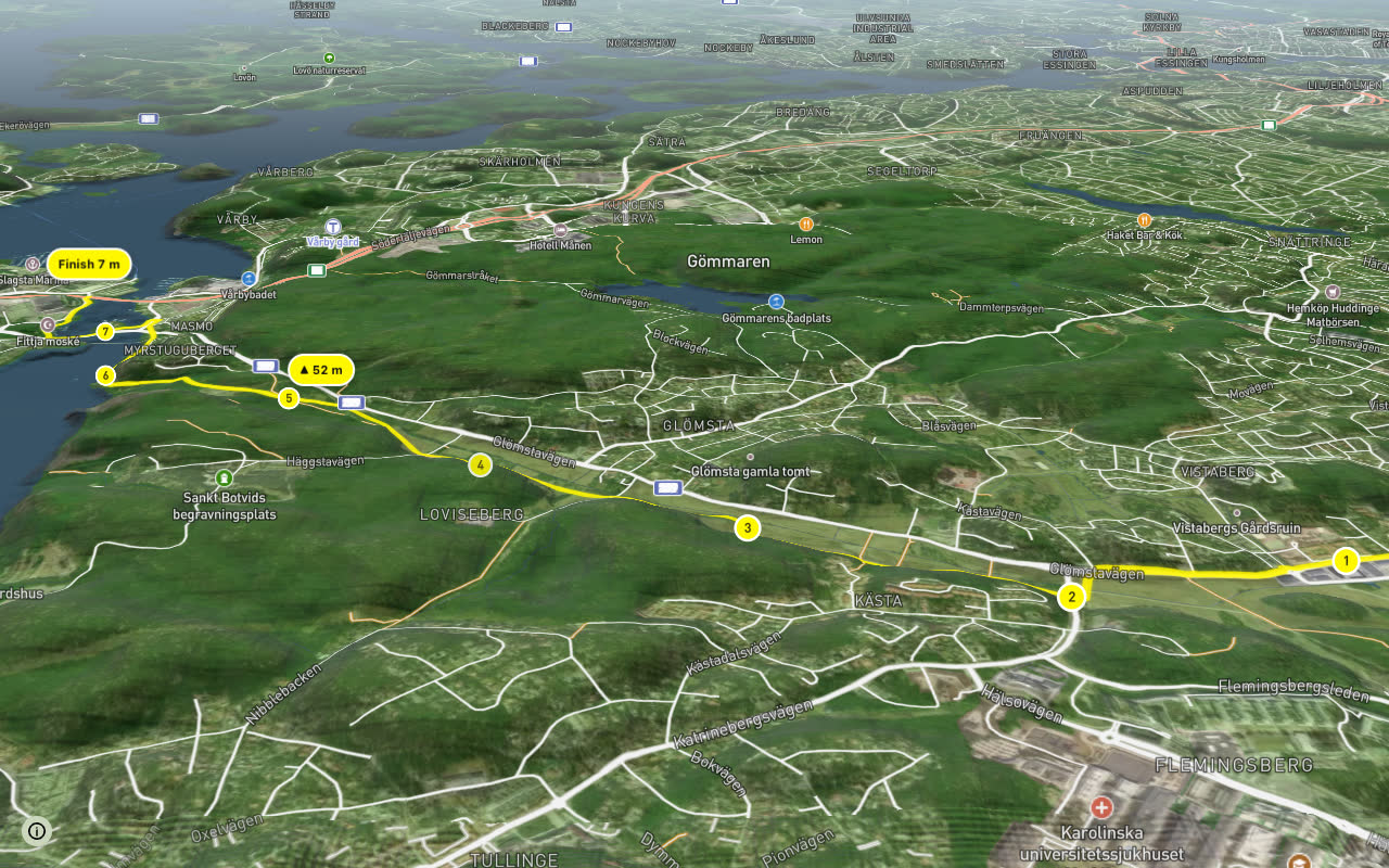 Regionalt cykelnät Stockholm (Glömstastråket) seen over 3D terrain