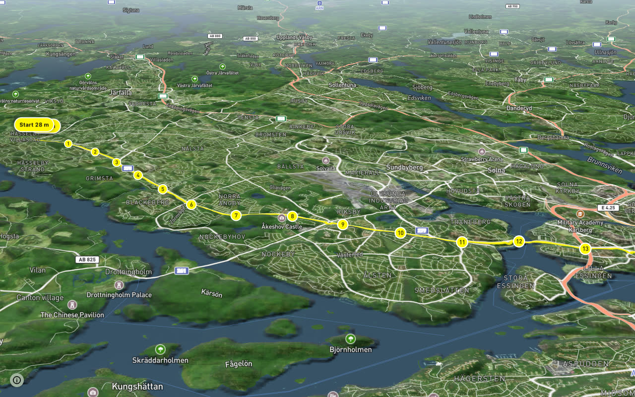 Regionalt cykelnät Stockholm (Hässelbystråket) seen over 3D terrain