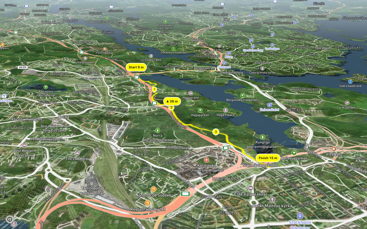 Regionalt cykelnät Stockholm (Hagastråket) seen over 3D terrain