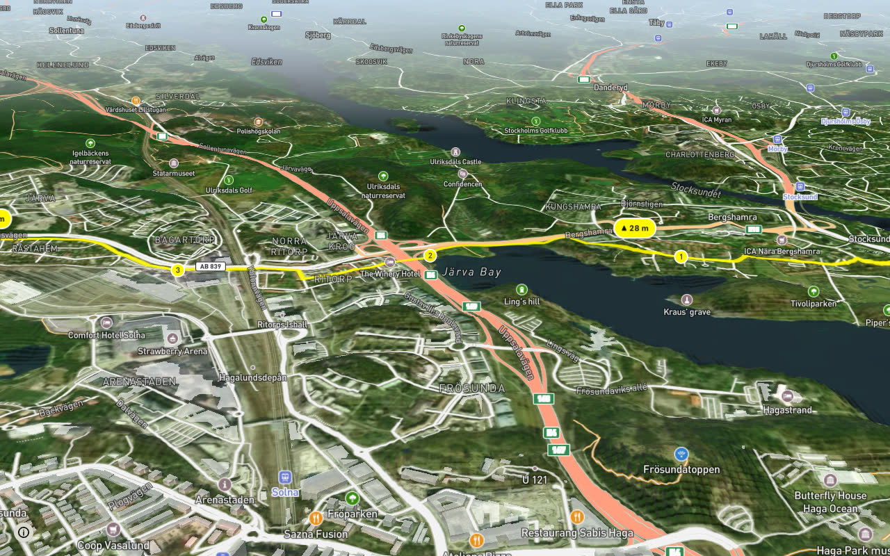 Regionalt cykelnät Stockholm (Hjulsta-Bergshamrastråket) seen over 3D terrain