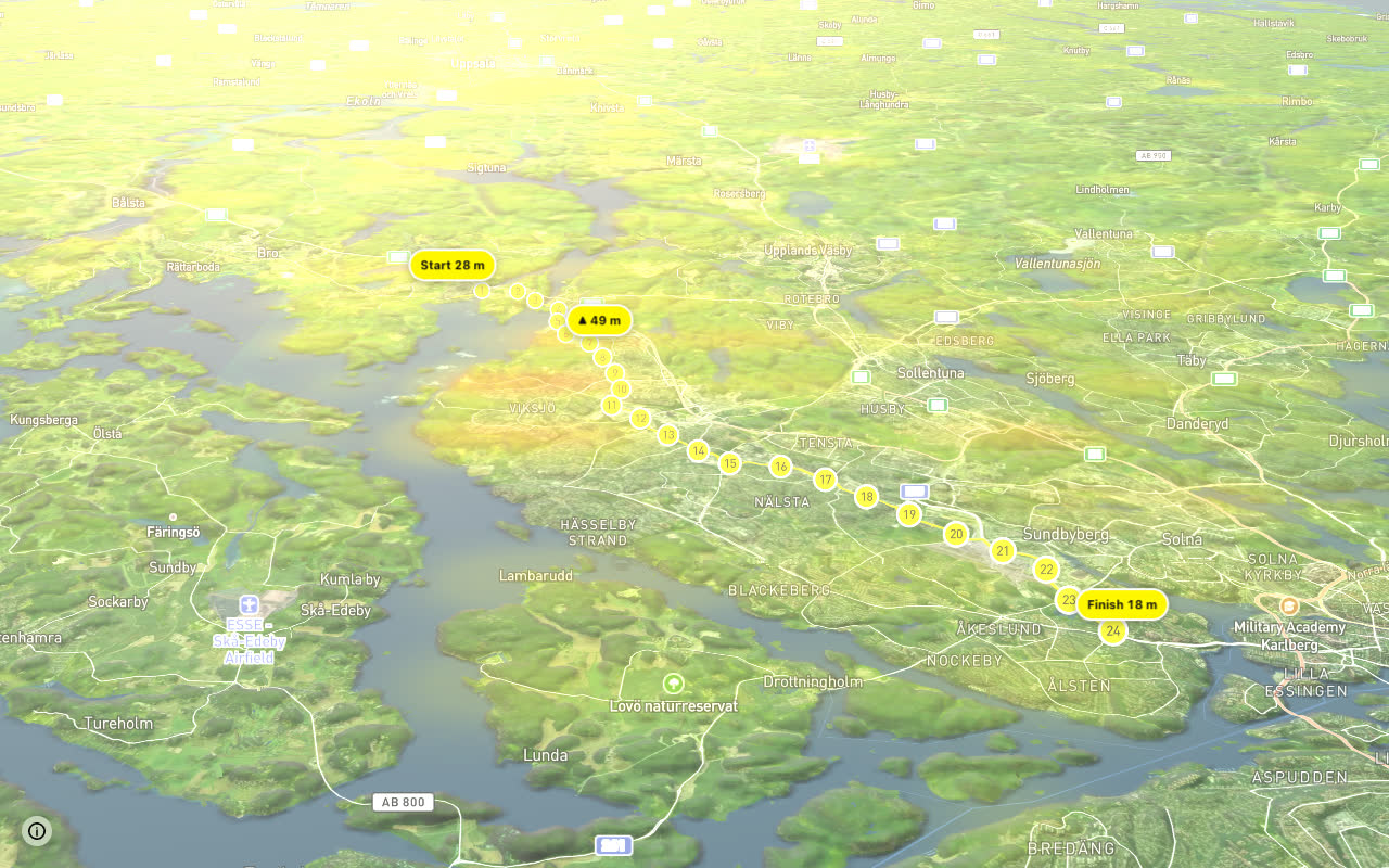 Regionalt cykelnät Stockholm (Kungsängenstråket) seen over 3D terrain
