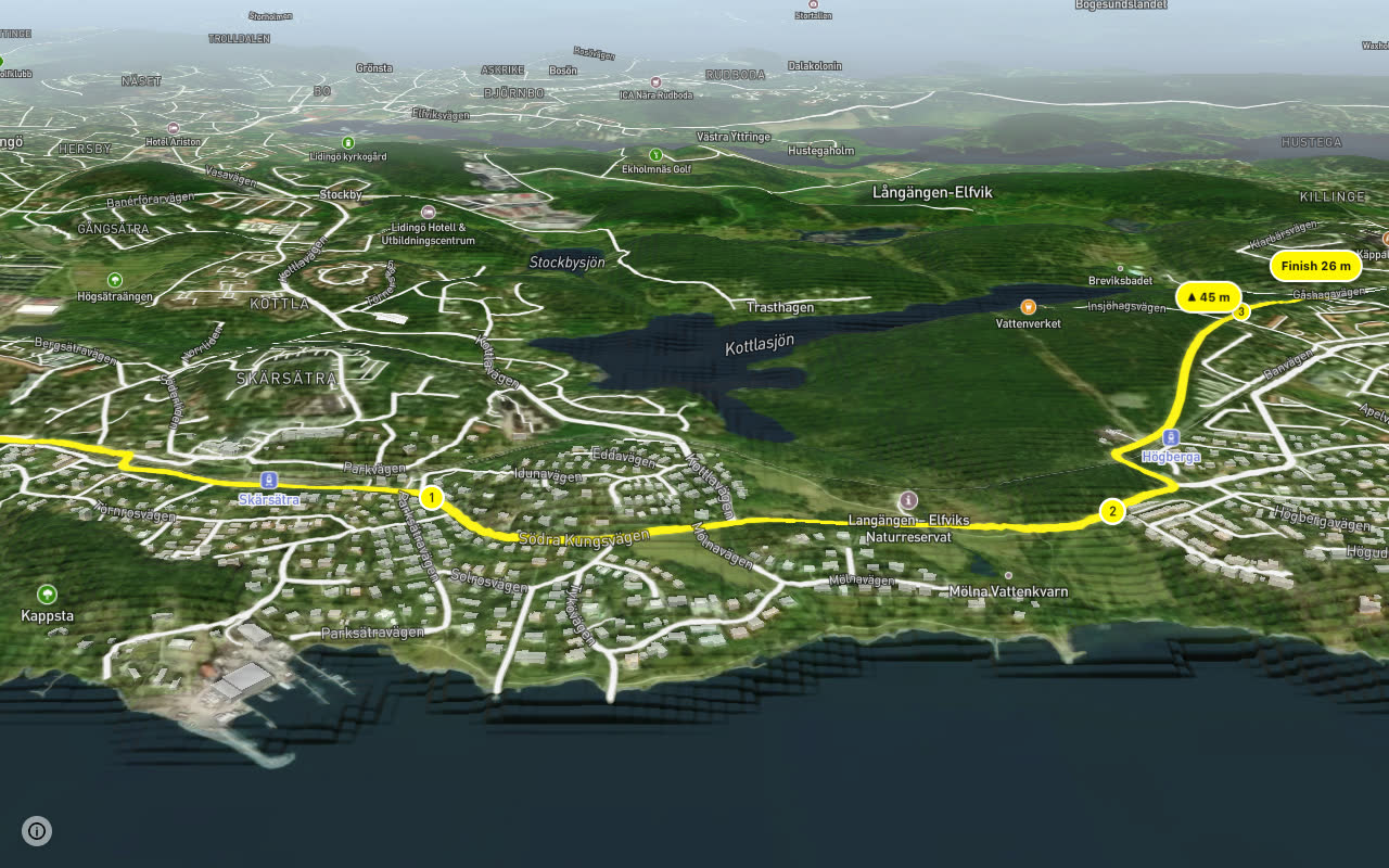 Regionalt cykelnät Stockholm (Lidingöstråket) seen over 3D terrain