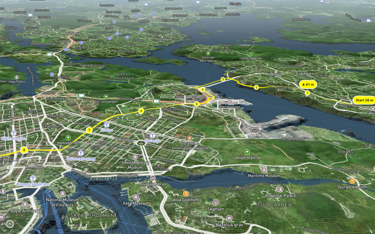 Regionalt cykelnät Stockholm (Lidingöstråket) seen over 3D terrain