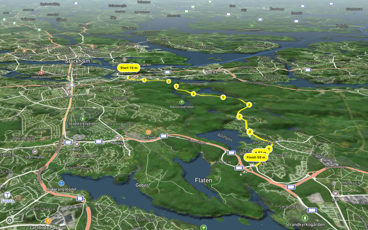 Regionalt cykelnät Stockholm (Ältastråket) seen over 3D terrain