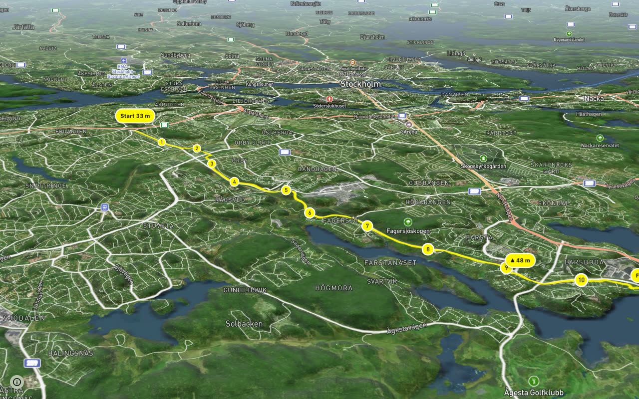 Regionalt cykelnät Stockholm (Magelungstråket) seen over 3D terrain
