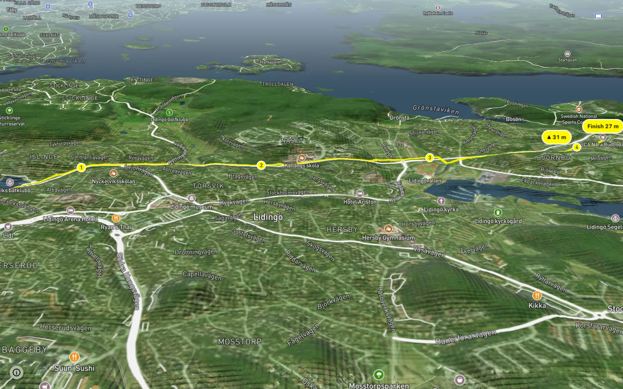 Regionalt cykelnät Stockholm (Norra Lidingöstråket) seen over 3D terrain