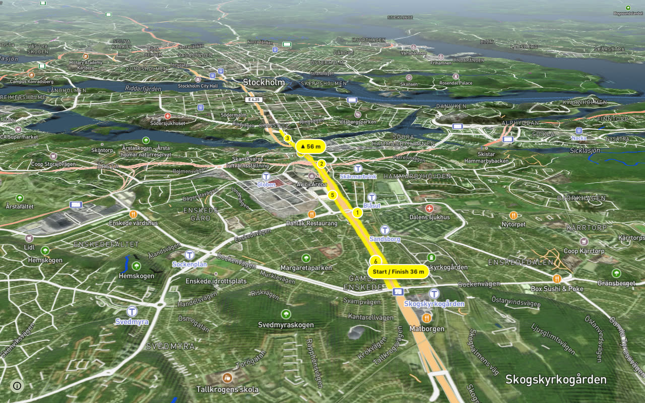 Regionalt cykelnät Stockholm (Nynäshamnsstråket) seen over 3D terrain