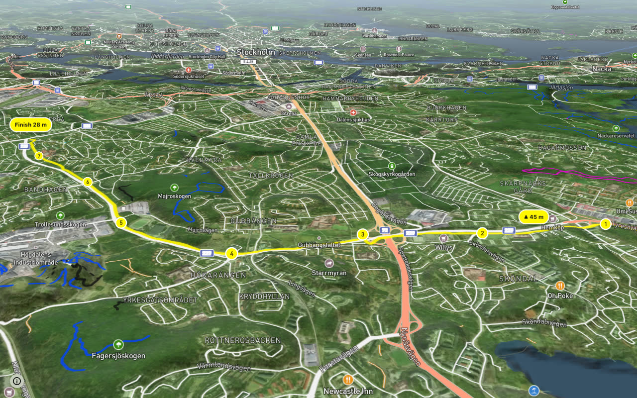 Regionalt cykelnät Stockholm (Örbystråket) seen over 3D terrain