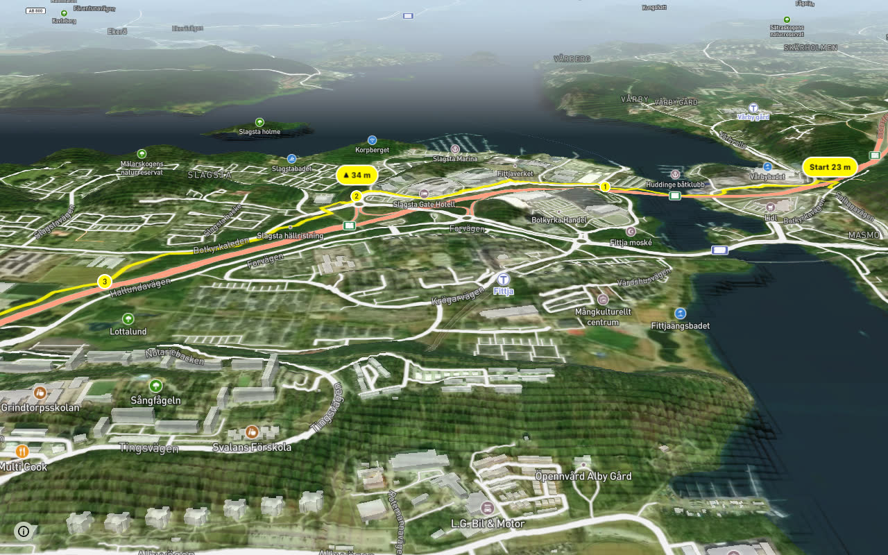 Regionalt cykelnät Stockholm (Södertäljestråket) seen over 3D terrain