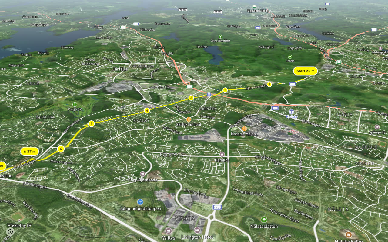Regionalt cykelnät Stockholm (Skälbystråket) seen over 3D terrain