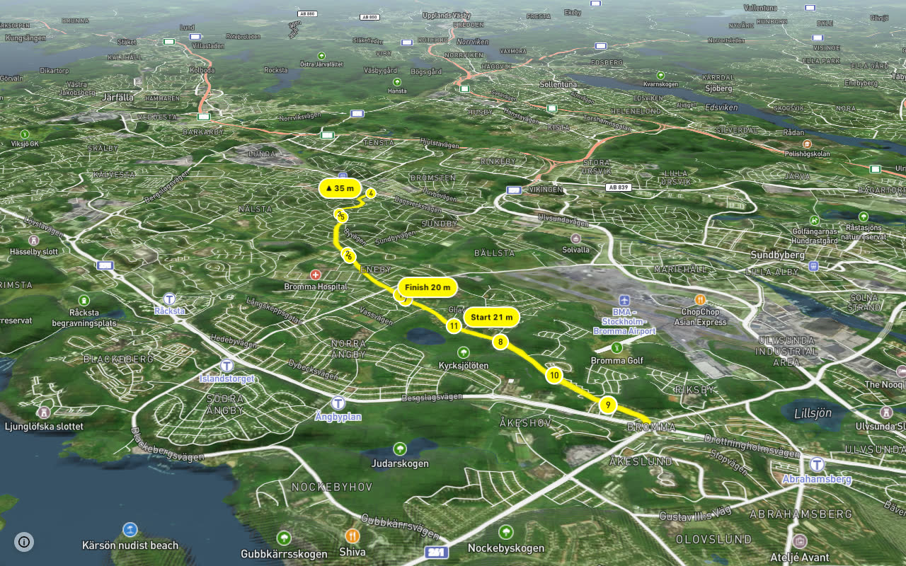 Regionalt cykelnät Stockholm (Spångastråket) seen over 3D terrain