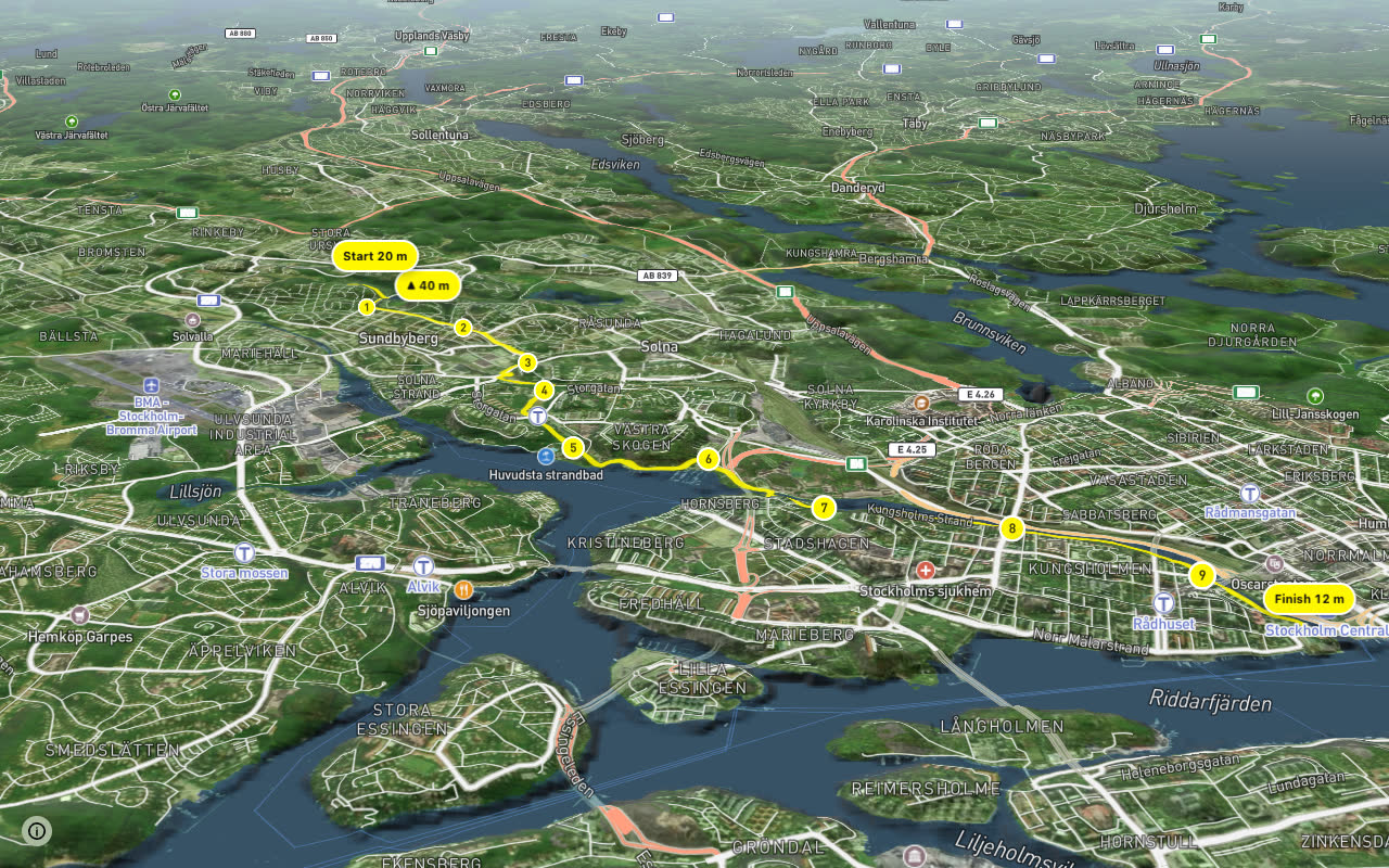 Regionalt cykelnät Stockholm (Sundbybergsstråket) seen over 3D terrain