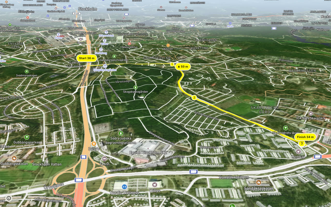 Regionalt cykelnät Stockholm (Tyresöstråket) seen over 3D terrain