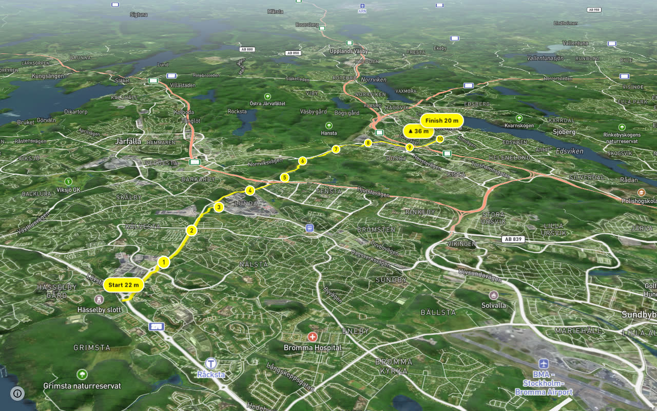 Regionalt cykelnät Stockholm (Vällingbystråket) seen over 3D terrain