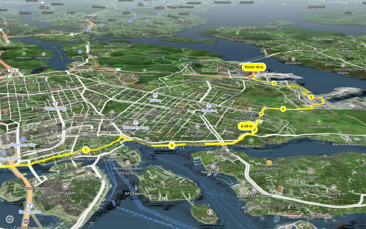 Regionalt cykelnät Stockholm (Värtanstråket) seen over 3D terrain