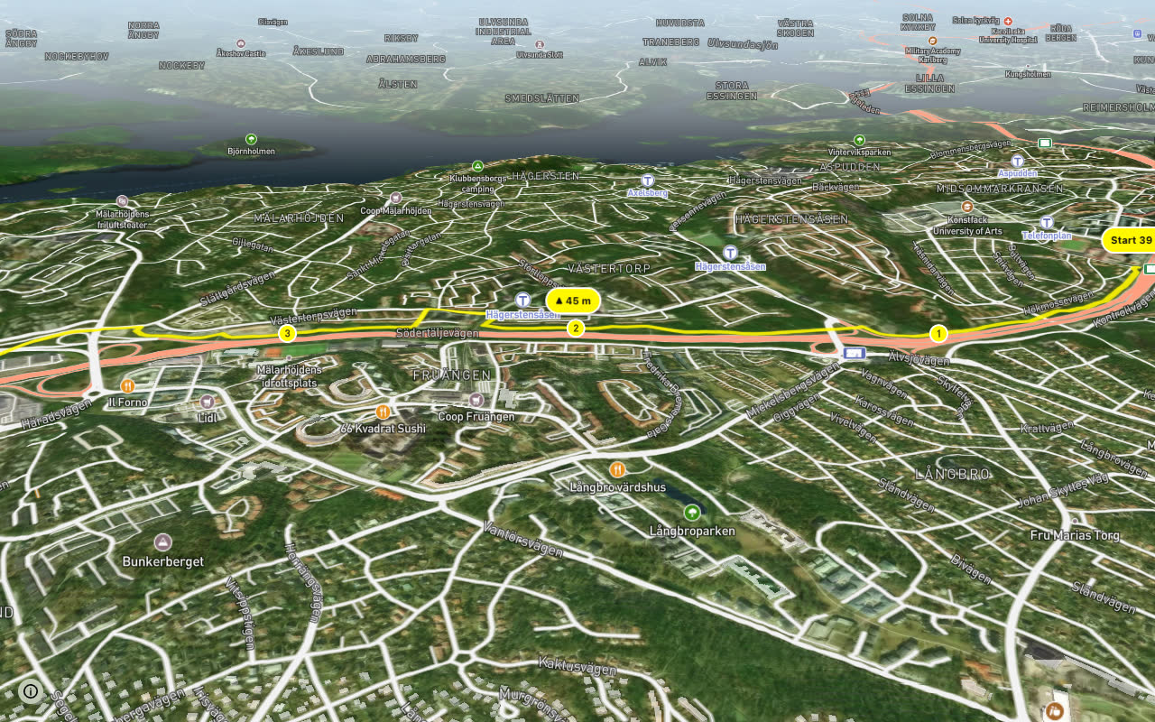 Regionalt cykelnät Stockholm (Vårbystråket) seen over 3D terrain