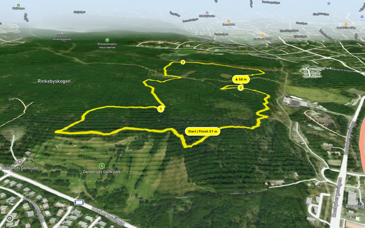 Rinkebyskogen MTB-led seen over 3D terrain