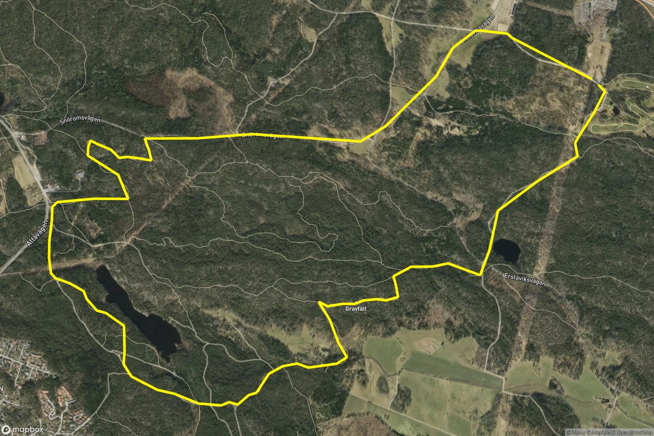 Snöromsvägen – Erstaviksvägen 10 km loop seen over 3D terrain