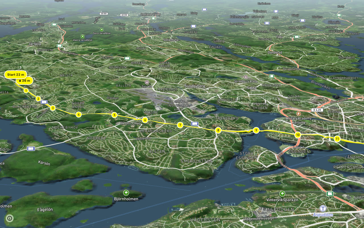 Stockholms cykelbana (Hässelby-city) seen over 3D terrain