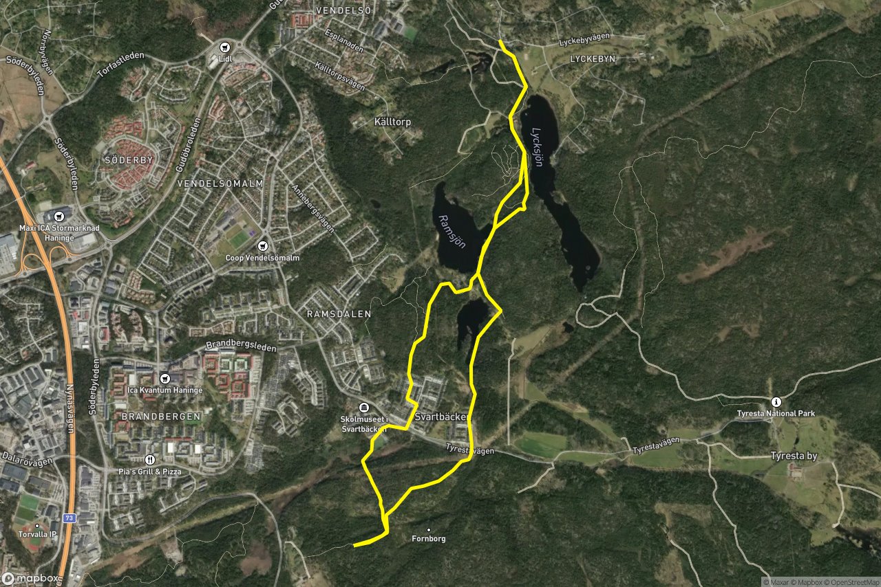 Viltdammsvägen – Svartbäckens By 9 km loop seen over 3D terrain