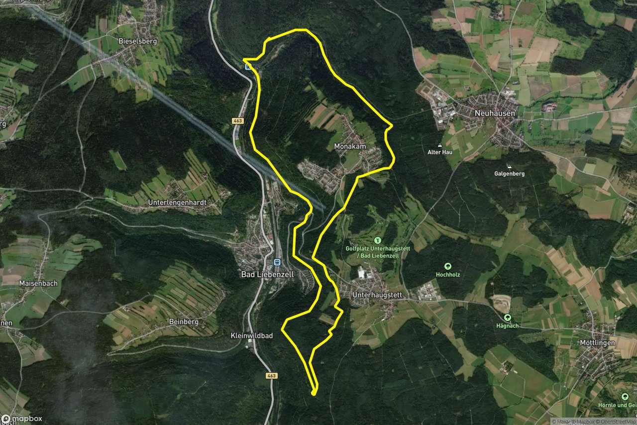 Lehmgrubenweg – Stahlsweg 16 km loop seen over 3D terrain