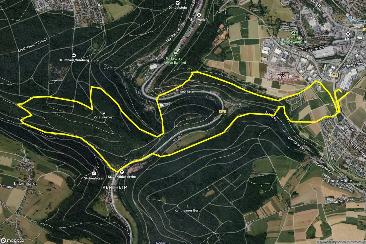 Schleiftalweg – Charlottenweg 10 km loop seen over 3D terrain