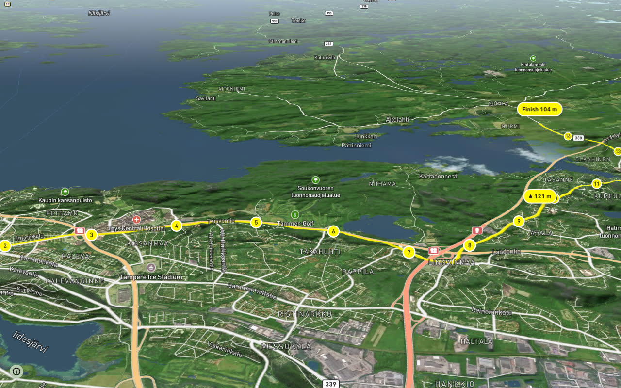 1 Tampere - Teisko seen over 3D terrain