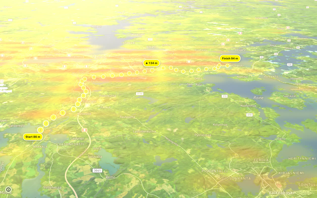 11 Kangasala - Hervanta - Lempäälä seen over 3D terrain
