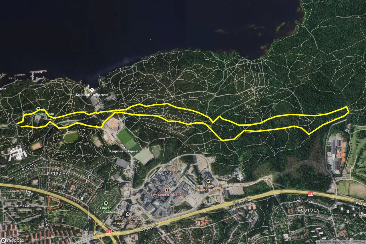 Kaupinpuistonreitti – Kaupinpuistonkatu 7 km loop seen over 3D terrain