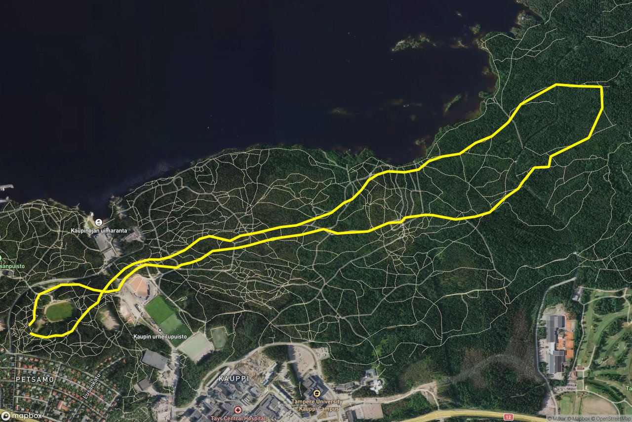 Kaupinpuistonreitti – Kuntokolmonen 7 km loop seen over 3D terrain