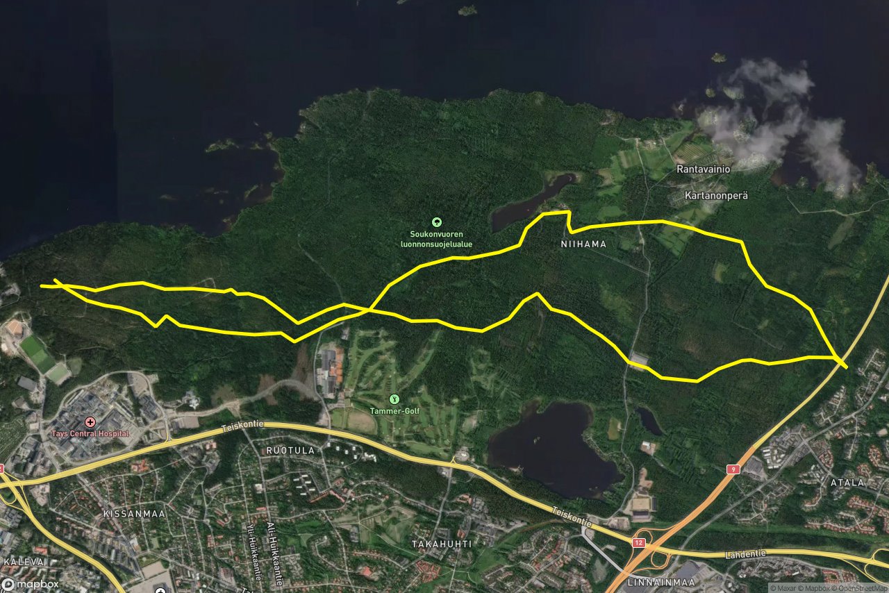 Kaupinpuistonreitti – Soukonvuorentie 13 km loop seen over 3D terrain