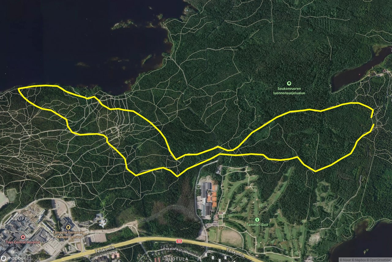 Kaupinpuistonreitti – Soukonvuorentie 8 km loop seen over 3D terrain