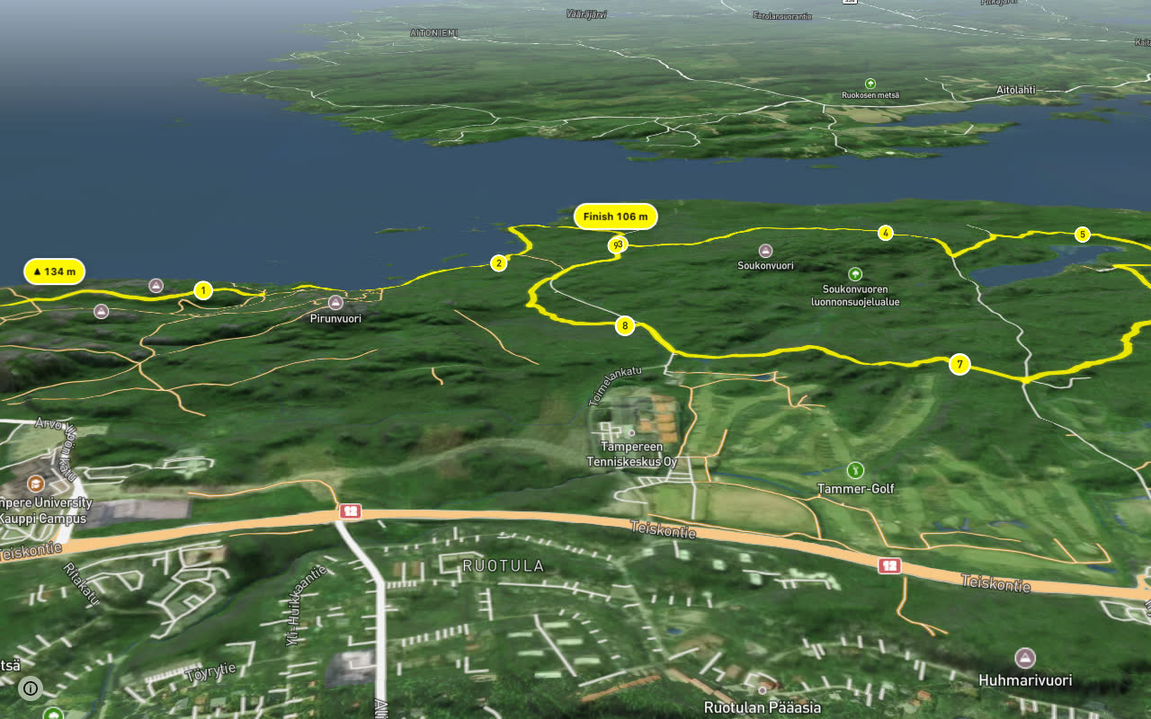 Kauppi MTB-reitti seen over 3D terrain