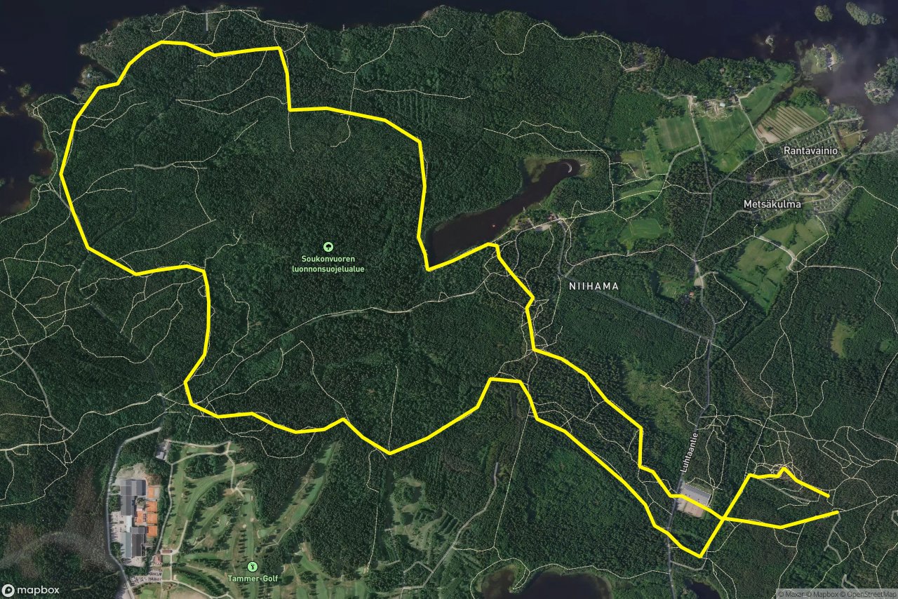 Niihaman luontopolku – Soukonvuorentie 9 km loop seen over 3D terrain