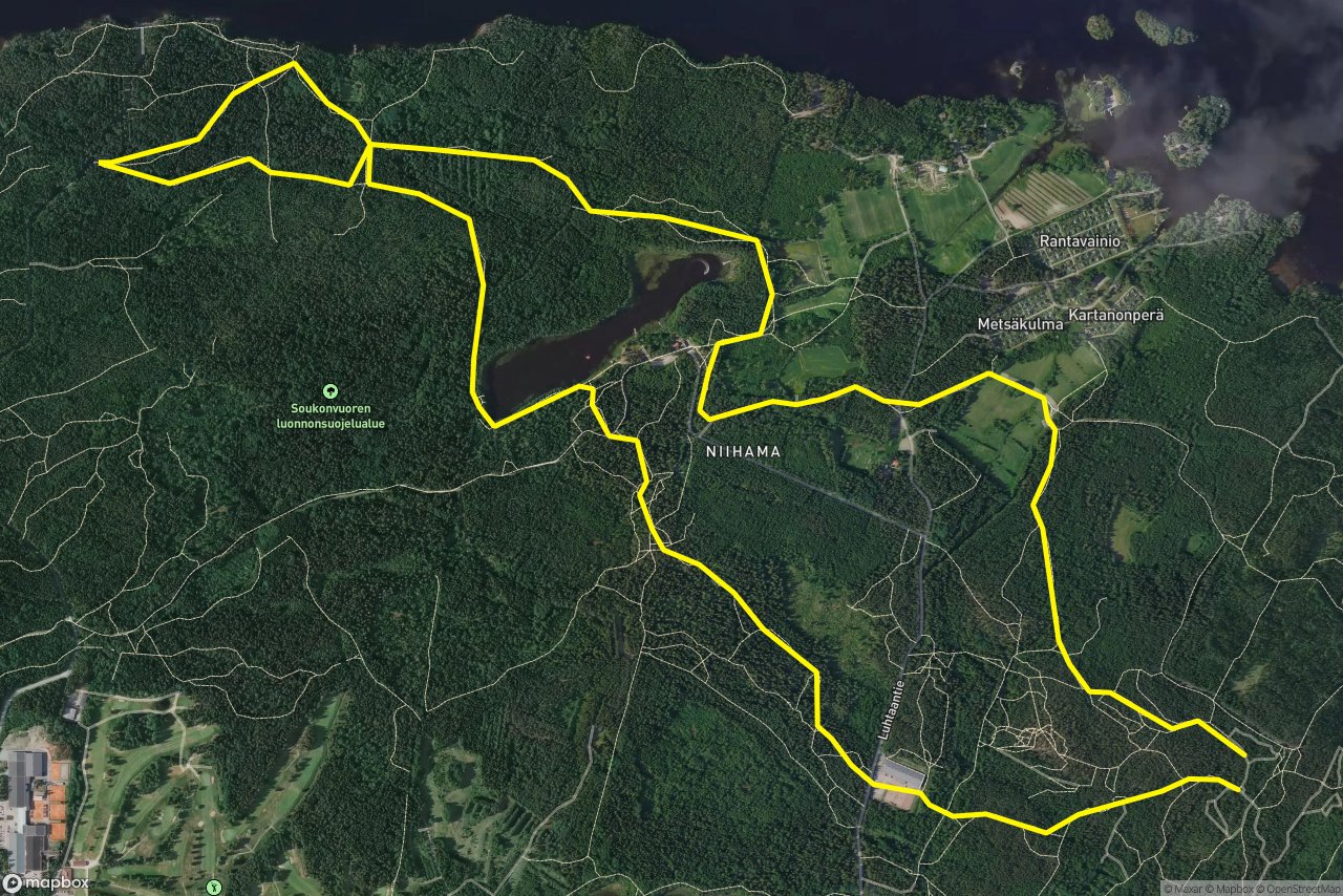 Niihaman luontopolku – Soukonvuorentie 9 km loop seen over 3D terrain