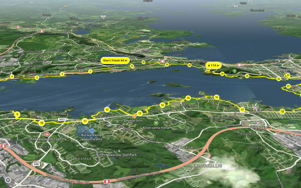 Pyhäjärven maisemareitti seen over 3D terrain