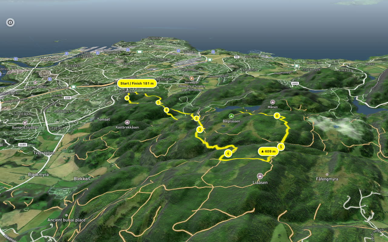 Estenstadmarka 9 km loop seen over 3D terrain