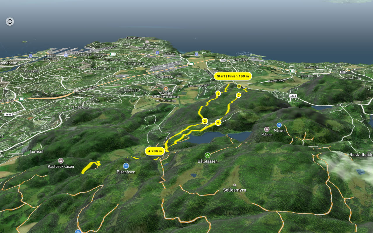 Estenstadvegen 8 km loop seen over 3D terrain