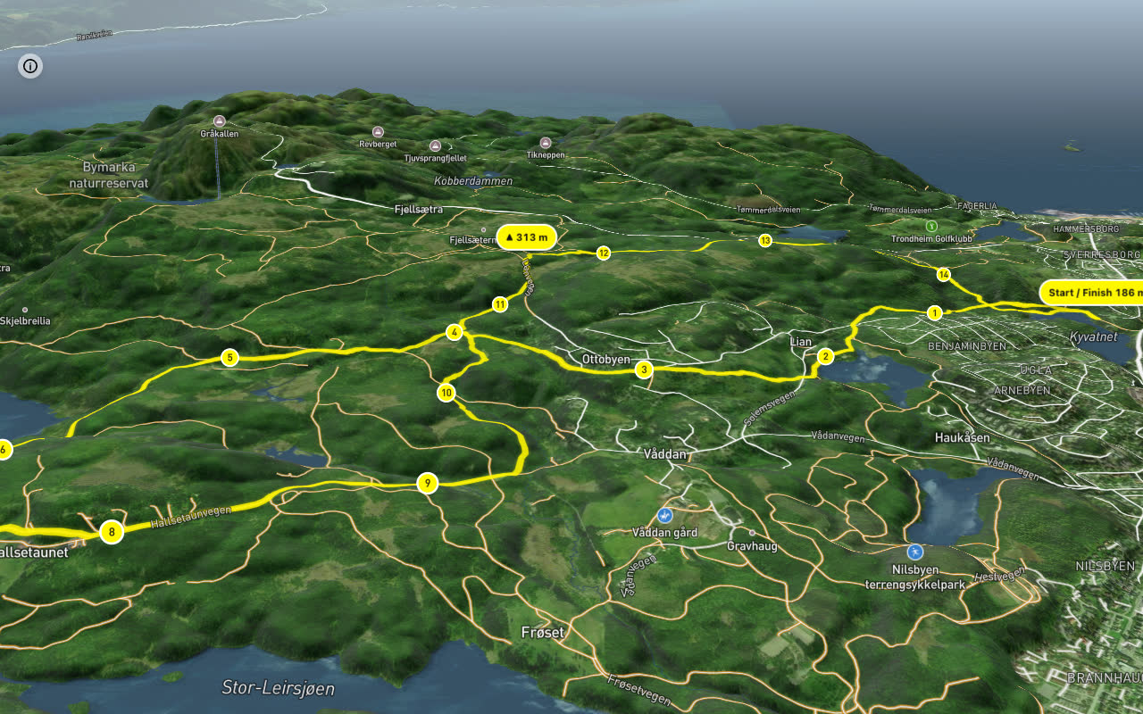 Hallsetaunvegen – Skjellbreivegen 15 km loop seen over 3D terrain