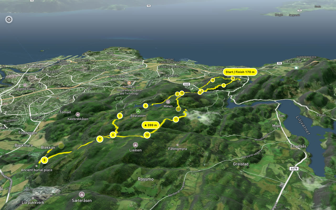 Jonsvannsveien – Vikåsryggen 16 km loop seen over 3D terrain