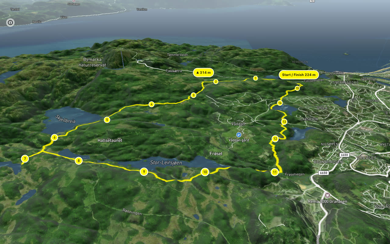 Skjellbreivegen – Markabakkvegen 15 km loop seen over 3D terrain
